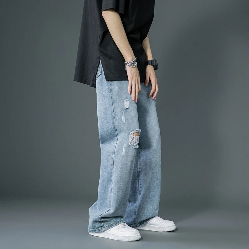 Men's Ripped Wide Leg Jeans Trend Straight Baggy Denim Vintage Trousers