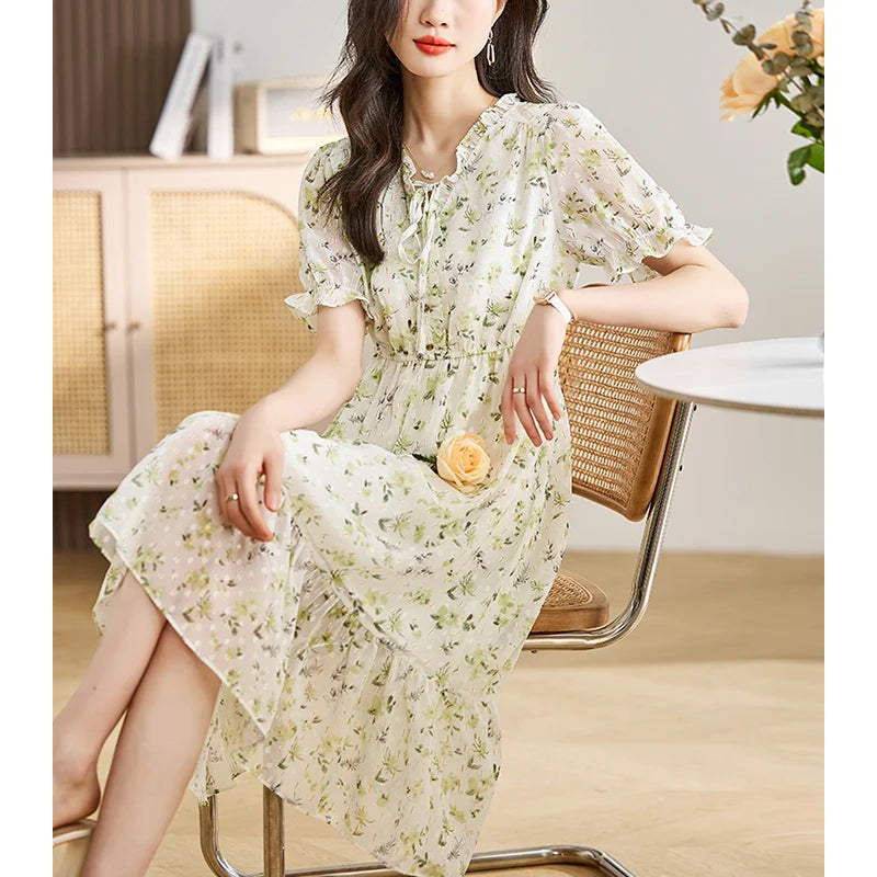 Floral Printing V-neck Ruffles A-line Robe Short Sleeve Lace Up Dress