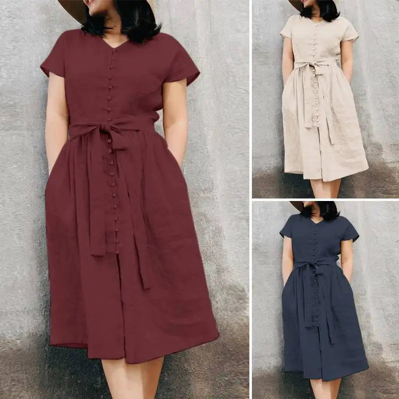 Woman Fashion Solid Dress Short Sleeve O-Neck Dresses