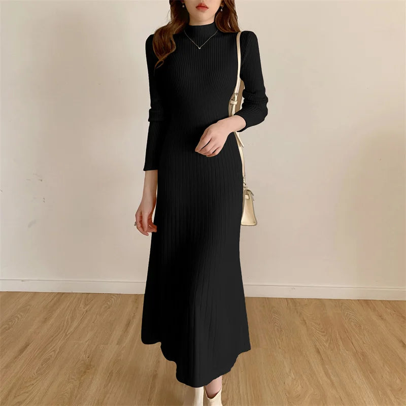 Long Sleeve Party Midi Knitted Half High Collar Knitted Sweater Dresses