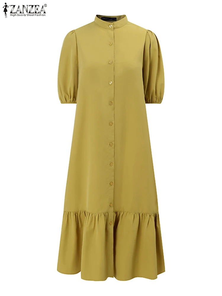 Elegant O Neck Puff Sleeve Sundress Stylish Women Shirt Dres