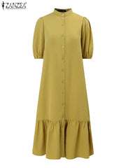 Elegant O Neck Puff Sleeve Sundress Stylish Women Shirt Dres