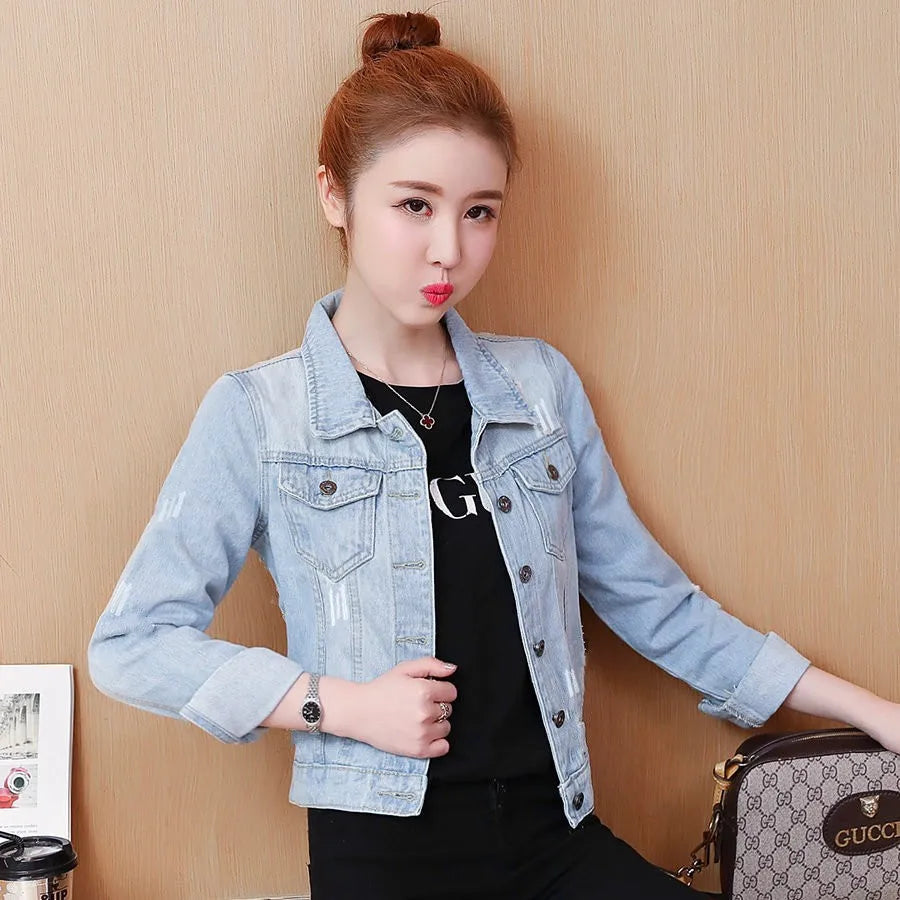 Women Denim Jackets Three-Quarter Sleeve O-Neck Single-Breasted Outerwear