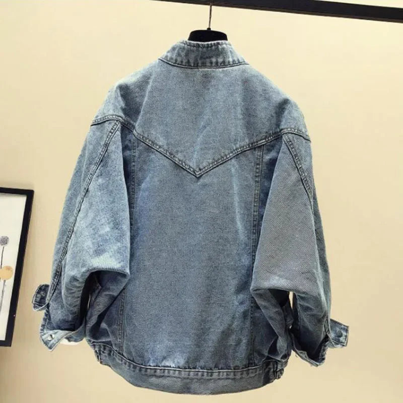 Denim bomber Jacket Women's Short Bat Sleeve Loose Woman coat