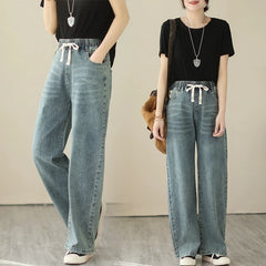 Fashion Baggy Denim Pants Vintage Straight Jeans Elastic Waist Solid Simple