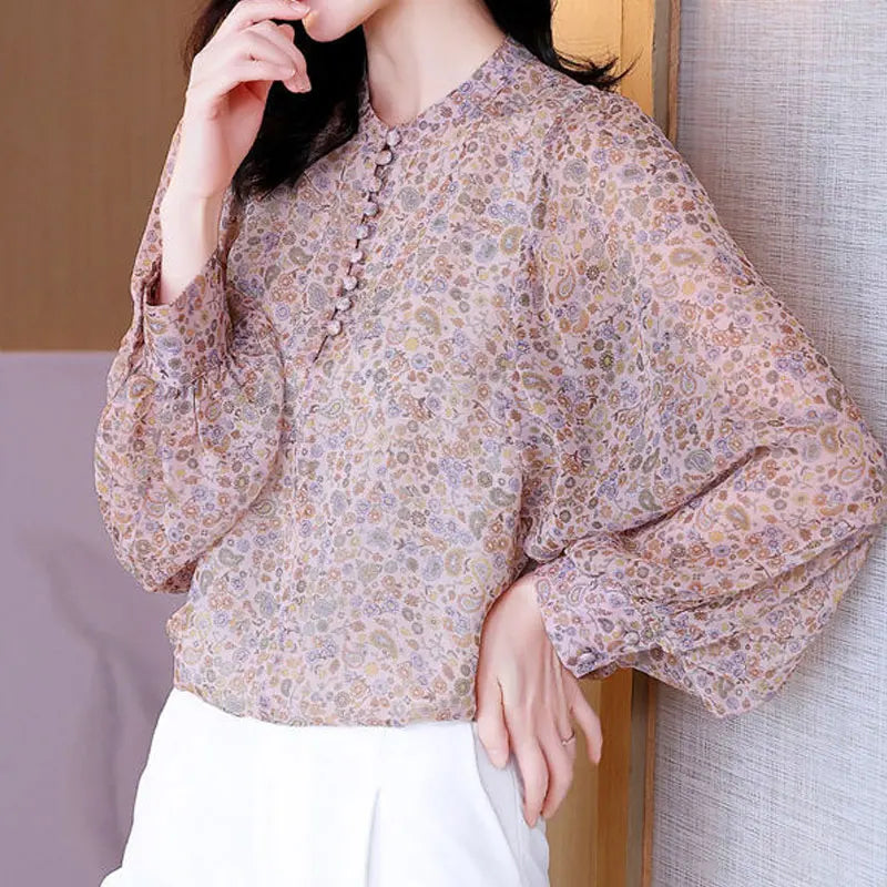 Office Lady Flower Stand Collar Shirt Women's Clothing