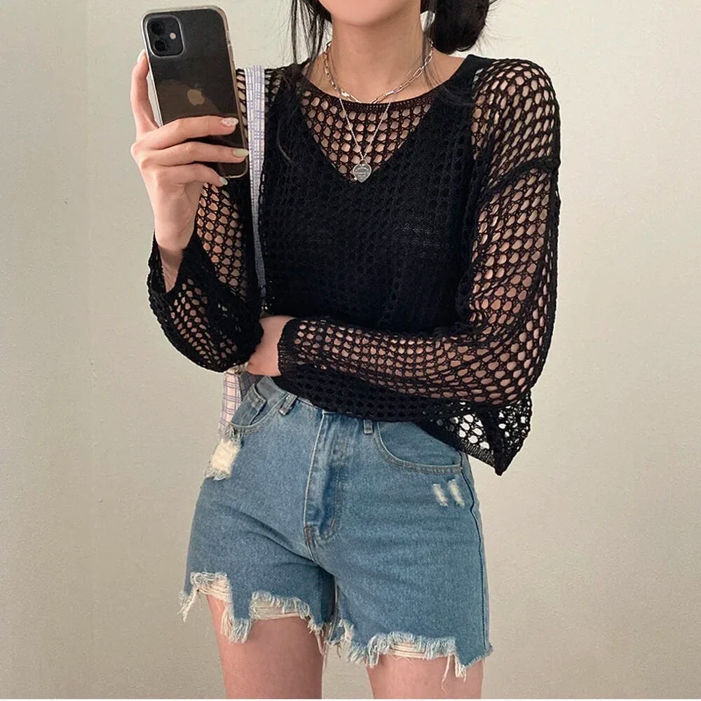 Casual Knit T-shirts Long Sleeve Hollow Out Smock Top Streetwear