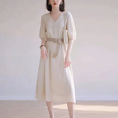 Fashion V-neck Folds Waist Elegant Midi Dress Half Sleeve