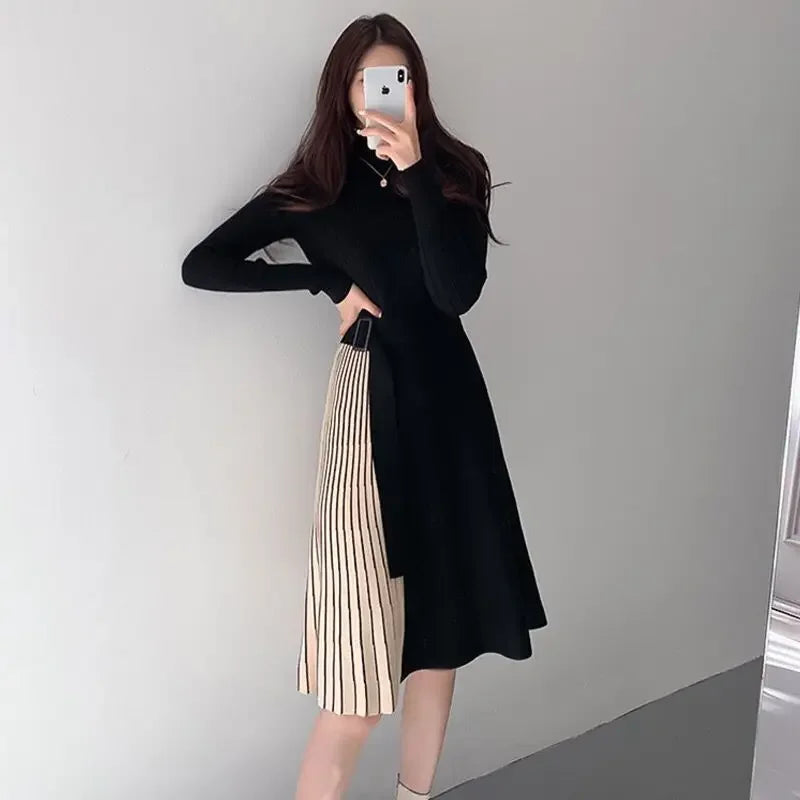 Vintage Elastic Knitted Sweater Midi Dresses Fashion Office Style