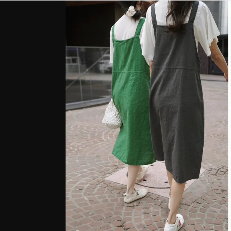 Fashion Cotton Linen Spaghetti Strap Dress Loose Pockets