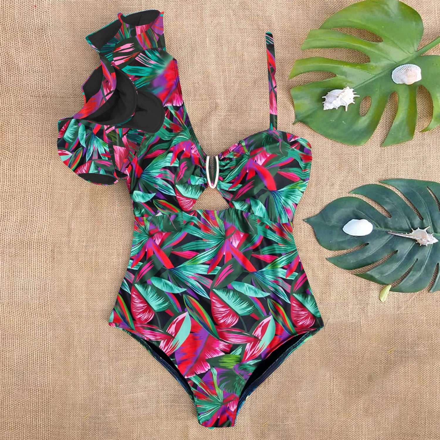 Ruffle Swimwear Single Shoulder One Piece Swimsuit Floral Printed