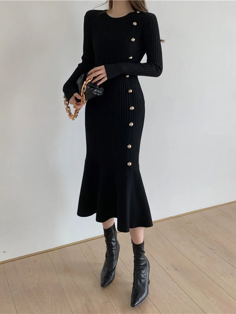 Fashion Elegant Clothing Knitted Vintage Dresses Sweater Dress