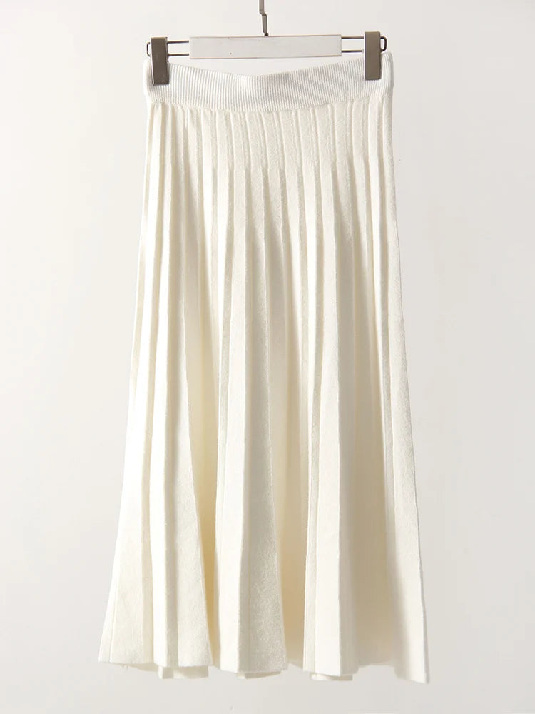 Women Pleated Knit Skirt Long Winter Elastic Waist White Maxi Skirts