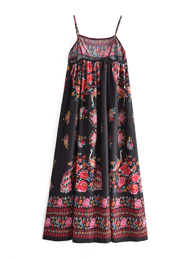 Vintage Chic Fashion Women Peacock Floral Print Sleeveless Dress