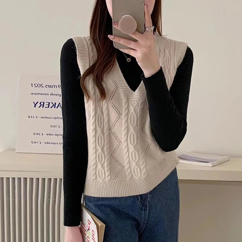 Women V-neck Sweater Vest Solid Sleeveless Preppy Style