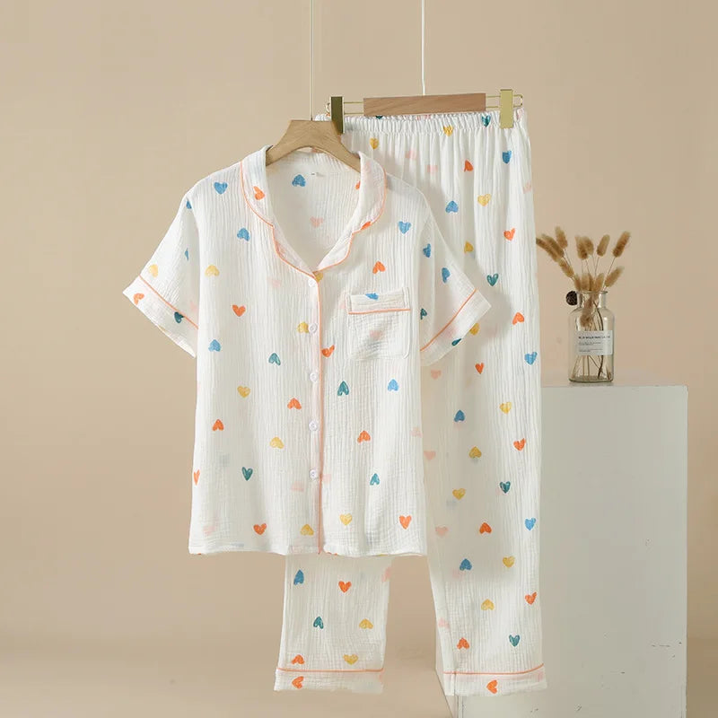 Pajamas Set Pure Cotton Short Sleeve Sleepwear Lingerie Set Floral Home Suit