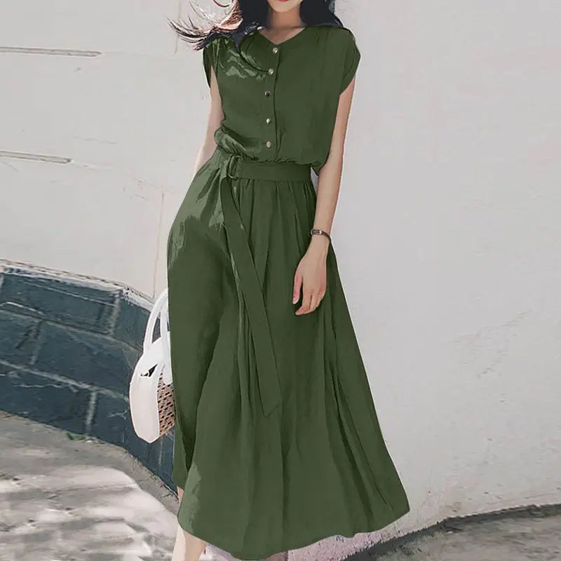 Women Fashion Short Sleeve Dress Casual Mid-calf Sundress