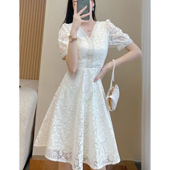 Fashion V-neck Elegant Beading Waist A-line Lace Dress