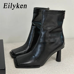 Soft PU Leather Ankle Boots Women Square Toe Stiletto Heels Fashion