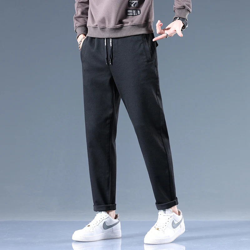 elastic waist pure black jeans brand thick zipper pocket trousers