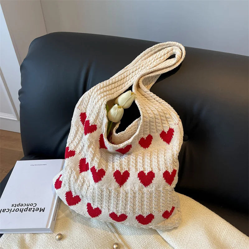 Fashion Heart Shape Pattern Knit Tote Bag Retro