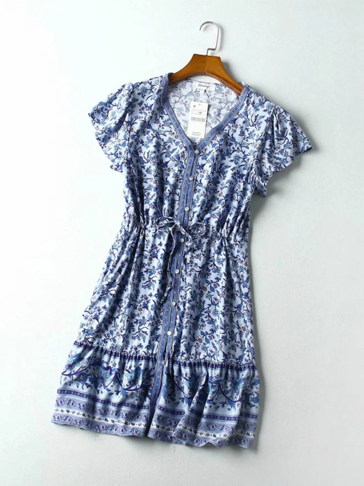 Vintage Chic Floral Print Deep V-neck Vacation Bohemian Mini Dress