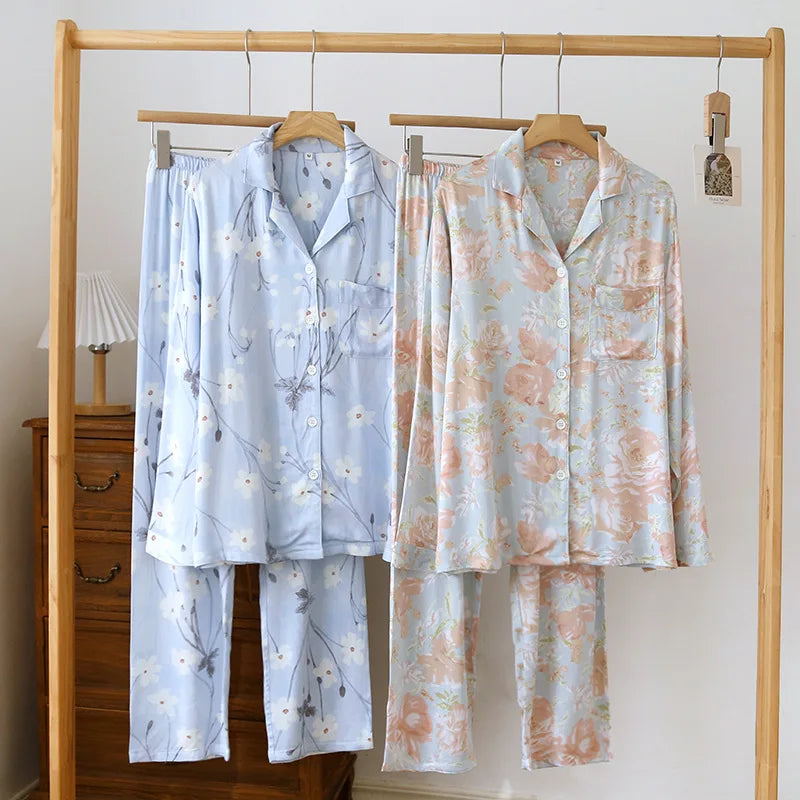 Pajamas Set Cotton Silk Large Flower Home Long Sleeve Pants