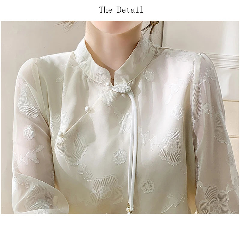 Shirts Blouses Stand Collar Chinese Style Long Sleeve Chiffon