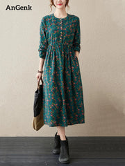 Long Sleeve Cotton Linen Vintage Floral Print Dresses Clothing