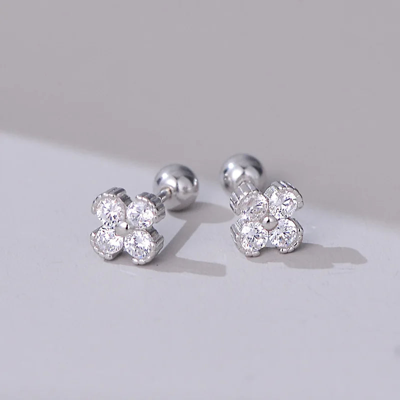 Silver Shiny Colored Zircon Flower Stud Earrings