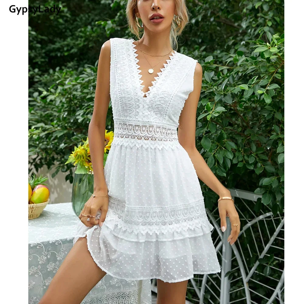 White Lace Summer Mini Dress V-neck Backless Women Sleeveless Ruffles