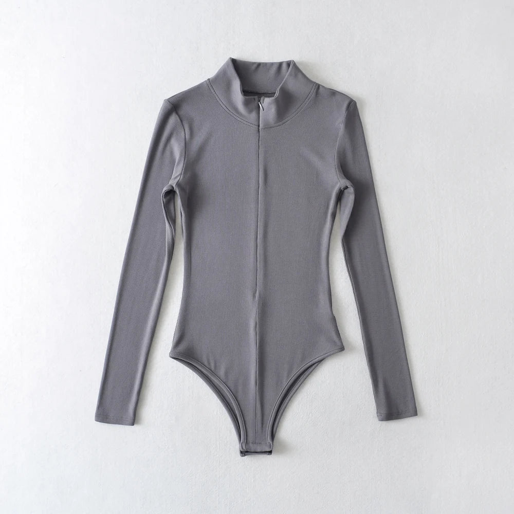 Women's Slim Standing Collar Zipper Long Sleeve Jumpsuit Solid