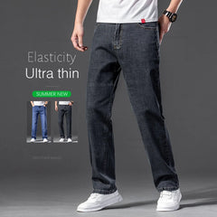 Summer Men's Thin Jeans Baggy Elastic Casual Straight Denim Pants Classic