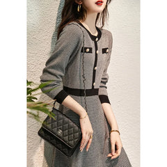 Vintage Houndstooth Elegant Fashion Dress Ladies Knitting