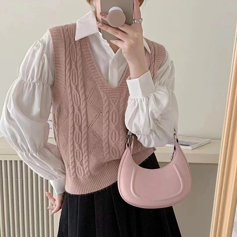 Women V-neck Sweater Vest Solid Sleeveless Preppy Style