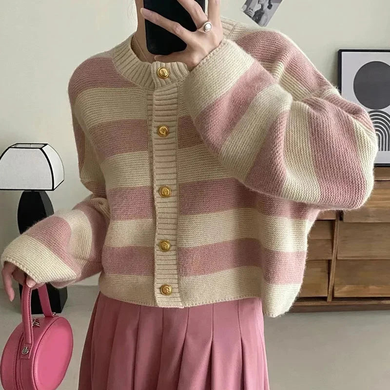 Striped Knitted Button Up Loose Cardigan Sweaters