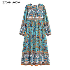 BOHO Paisley Flower Print Bow Lacing up Neck Long Straight Dress