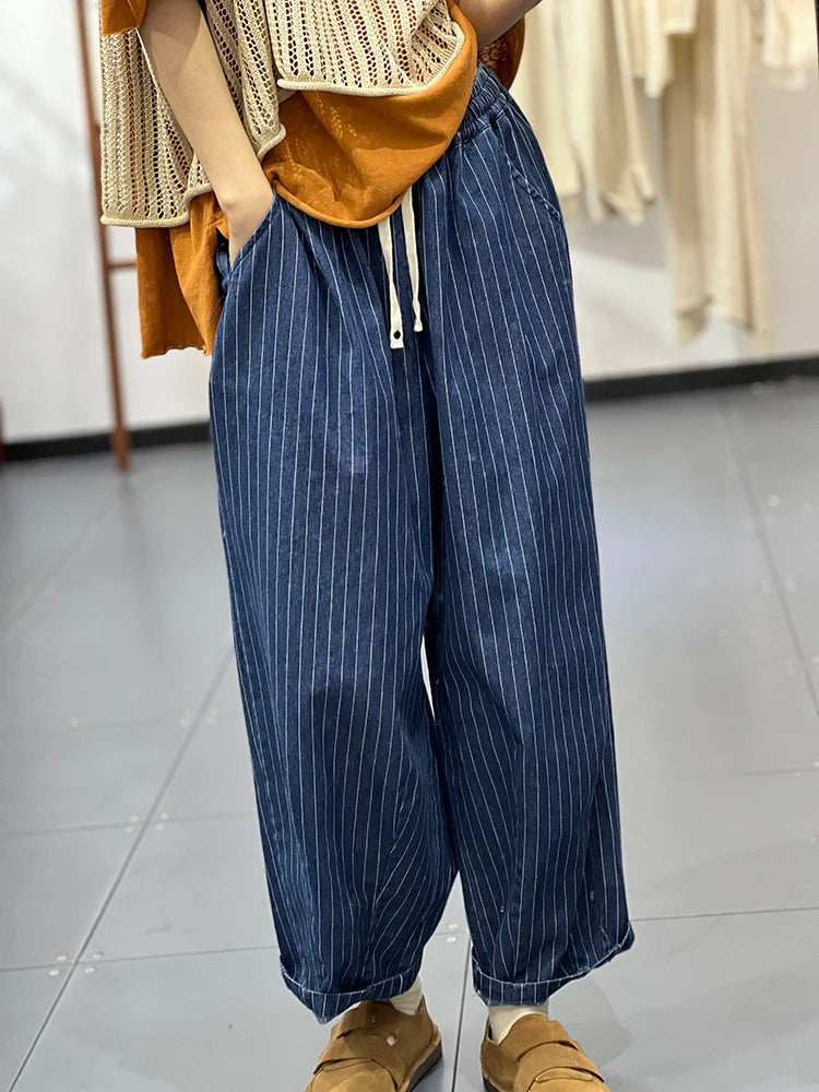 Striped Causal Loose Drawstring High Waist Wide Leg Denim Pants