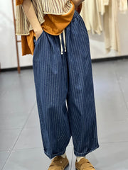 Striped Causal Loose Drawstring High Waist Wide Leg Denim Pants