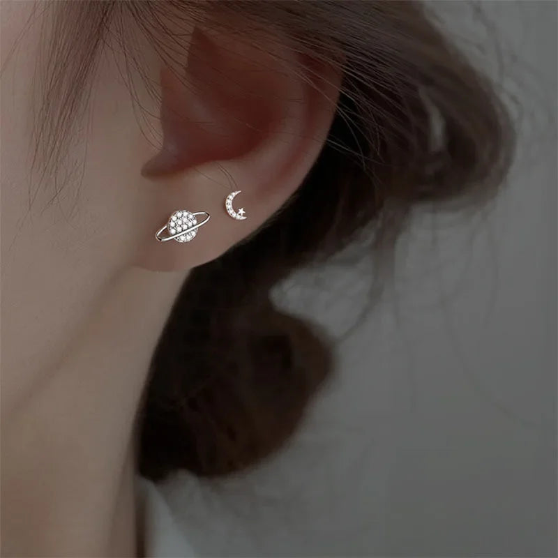 Simple Piercing Stud Earrings for Women Star Moon Fine Jewelry