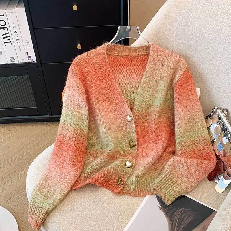 V Neck Short Cardigan Long Sleeve Gradient Sweater Coat