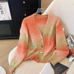V Neck Short Cardigan Long Sleeve Gradient Sweater Coat