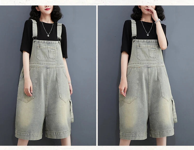 Denim Shorts Jean Overall For Vintage Washed Wide Leg