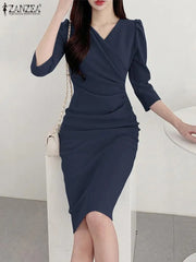 Summer Fashion Dress Solid Color Knee Length 3/4 Sleeve V-Neck