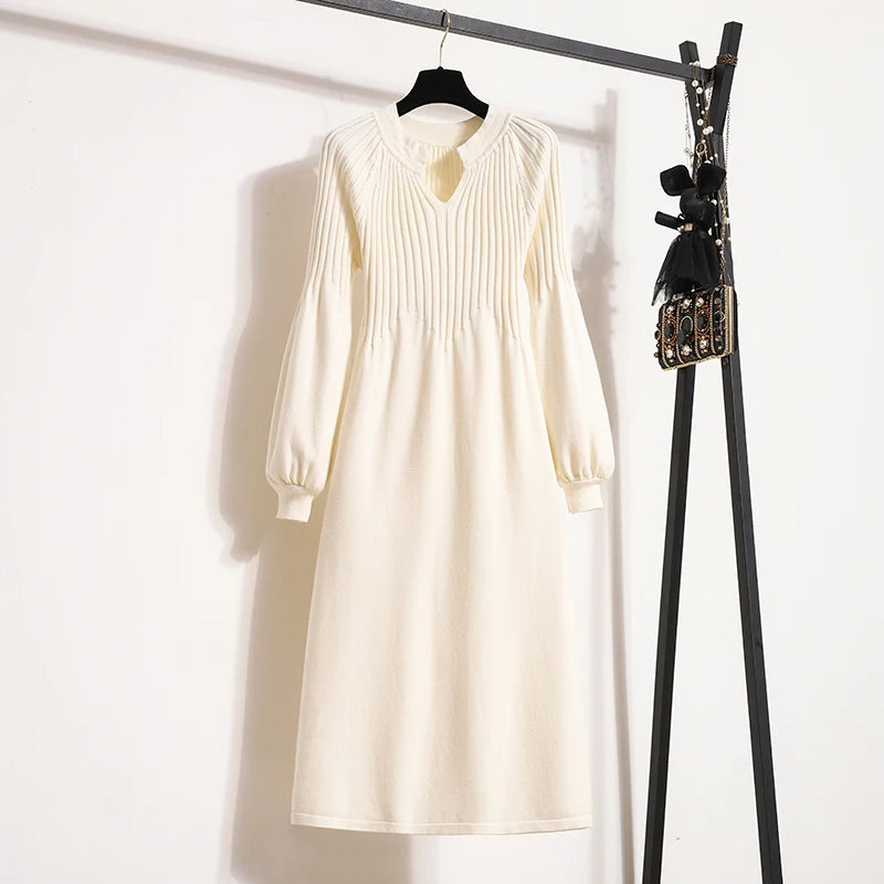 Knitted Sweater Dresses Office Elegant Solid Basic High Waist A-line Lantern Sleeve