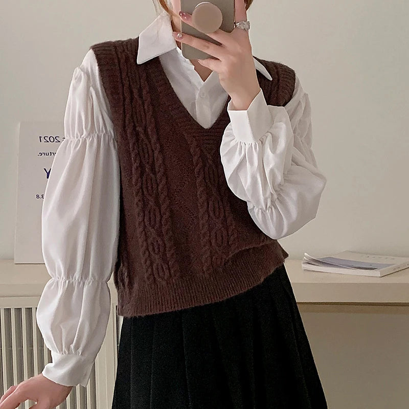 Women V-neck Sweater Vest Solid Sleeveless Preppy Style