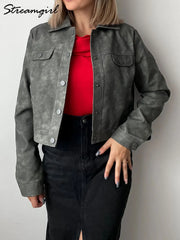 Women's Leather Jackets With Pockets Casual Thin Outerwear