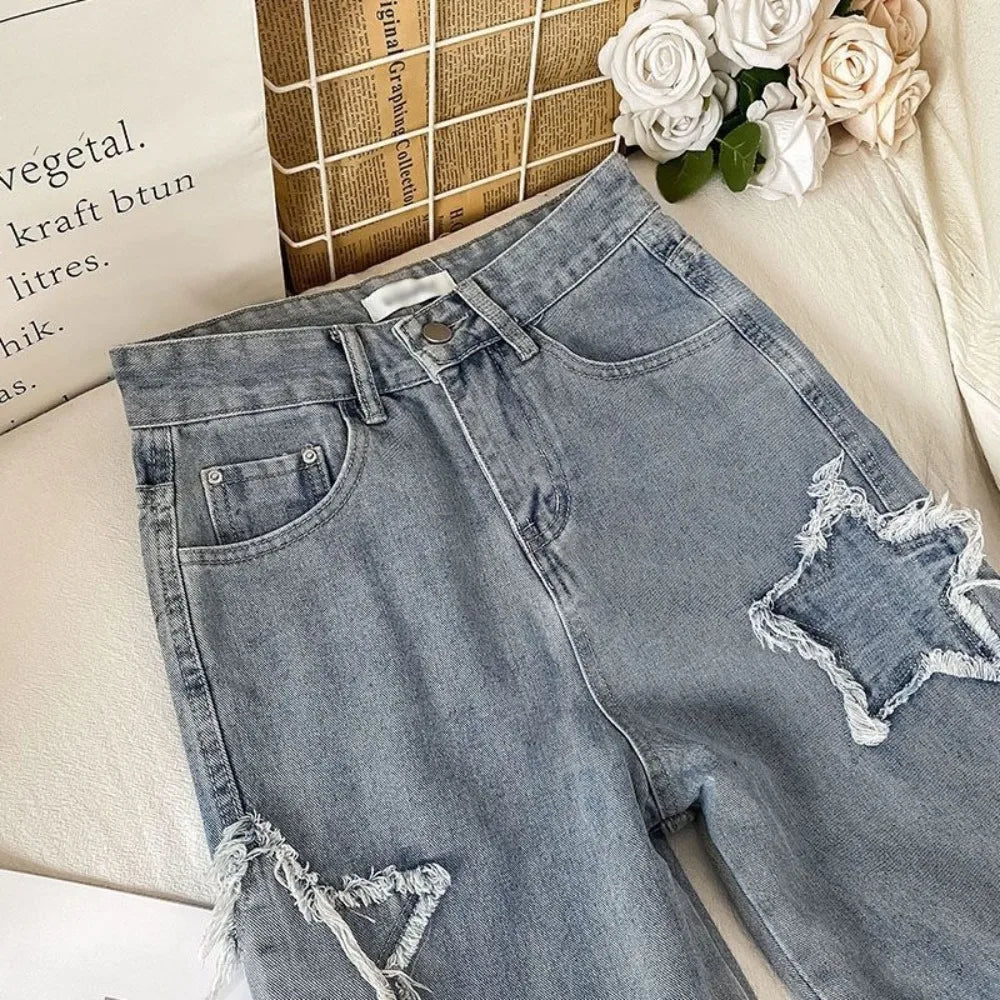 Denim Popular Ins Fashion With Star High Waist Straight Leg