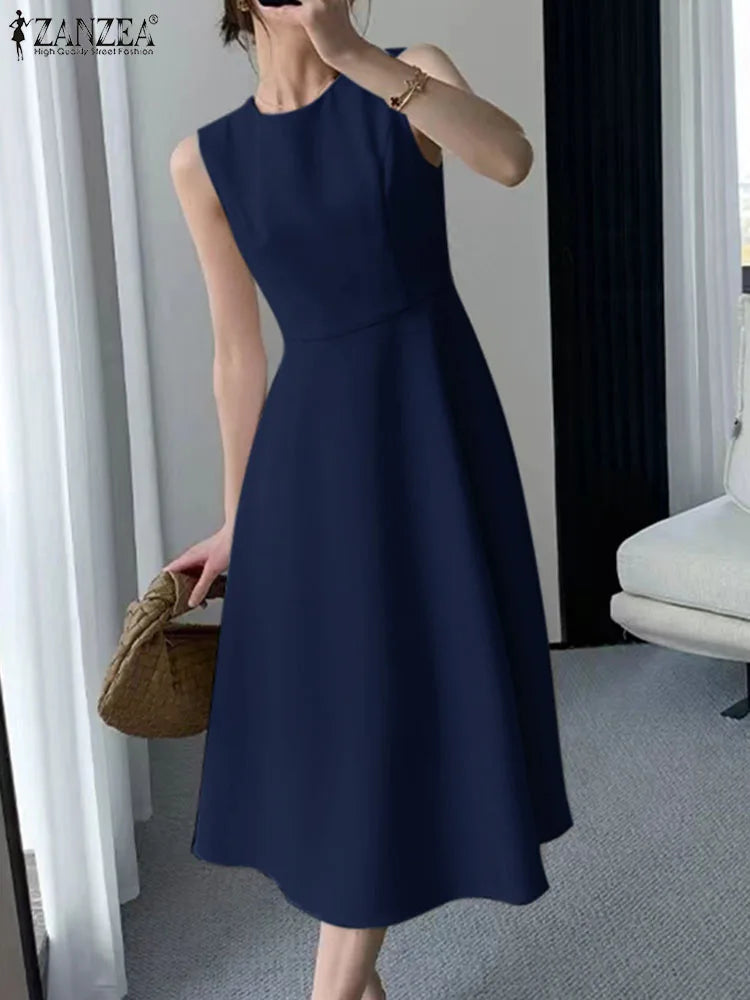 Women Sleeveless Pleated Dress A-line Tank Evening Dress