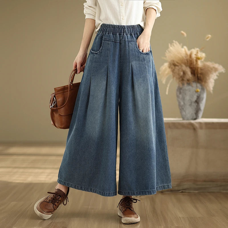 Wide Leg Jeans Fashion Elastic Waist Loose Casual Straight Denim Pants